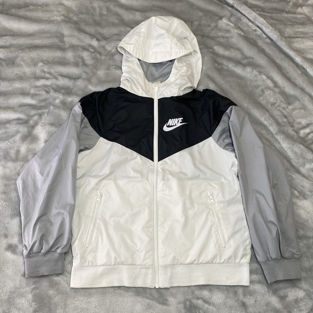 Nike Windbreaker Jacket Boys Size M White Black Grey Hooded Chevron Sporty